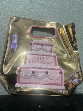Bath & Body Works Gold Gift Bag with Pink Birthday Cake Design